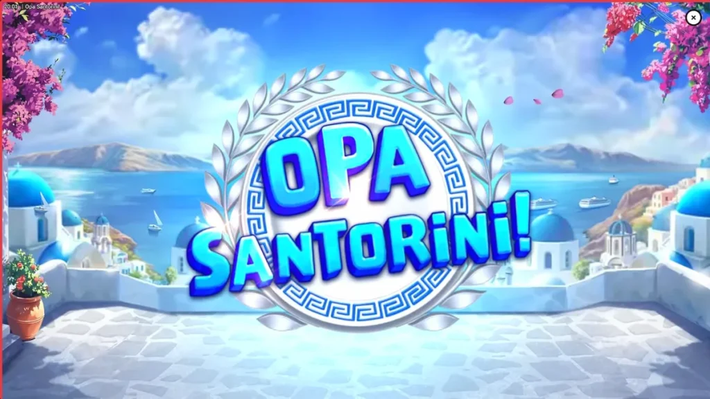 Visual vibrante do slot Opa Santorini com arquitetura grega e moinhos de vento