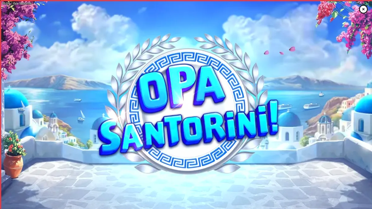 Visual vibrante do slot Opa Santorini com arquitetura grega e moinhos de vento