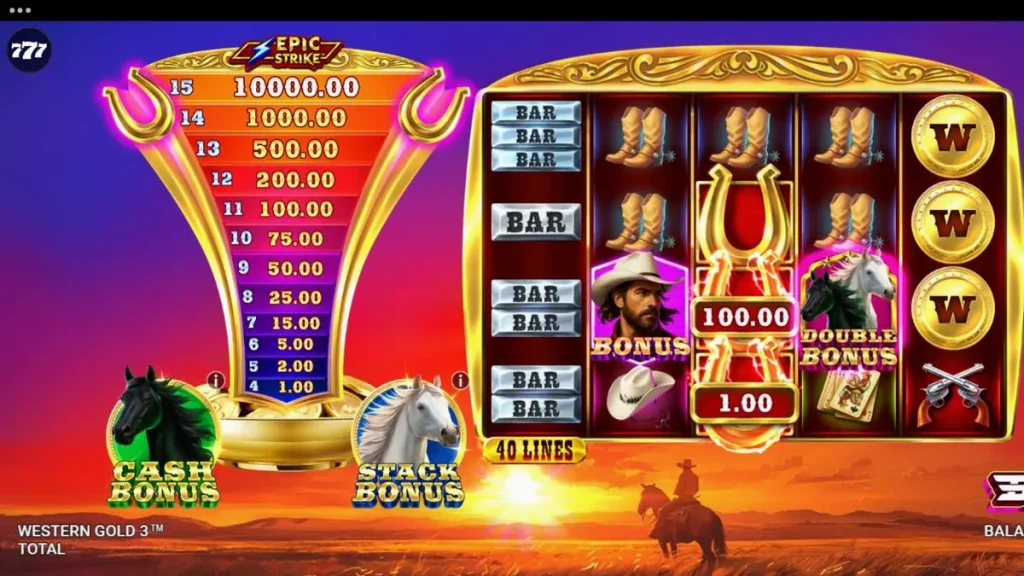 Cenário de deserto e elementos de caubói no slot Western Gold 3