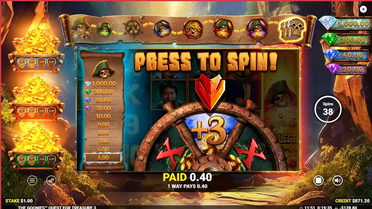The Goonies Quest for Treasure 3 slot machine interface